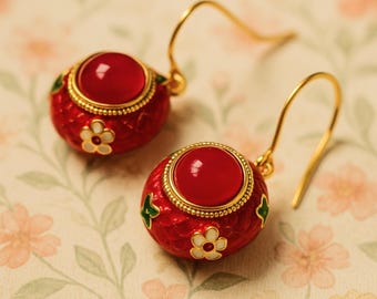 Earrings Cloisonne Red Golden plated, vintage design, Oriental Style