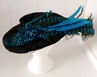Vintage women's hat, haute couture from Spain design, Black with feathers real women 30's Hat, fascinator, Art Deco style