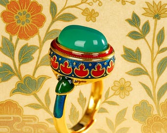 Cloisonne Green Ring, Vintage style, Golden plated, Design ethnic egyptian. Adjustable Gift for Her