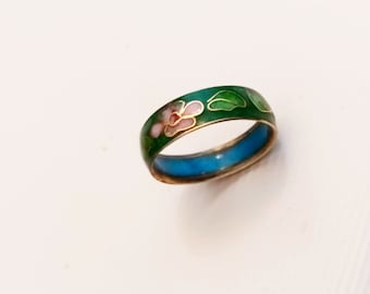 Vintage Cloisonne Ring, enameled, floral flower Cherry Blossom, Green Gift
