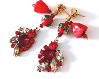 Red Earrings Vintage Czech glass, Rhinestones jewel Artdéco design floral