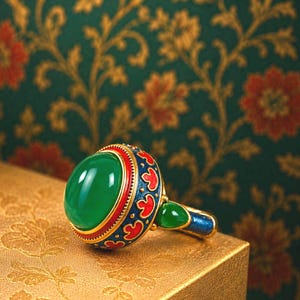 Può includere: Un anello in oro con una grande pietra verde cabochon liscia di forma ovale. La montatura è decorata con vivaci motivi in smalto blu e rosso, incluso un piccolo accento in pietra verde a forma di goccia sul lato del gambo dell'anello.