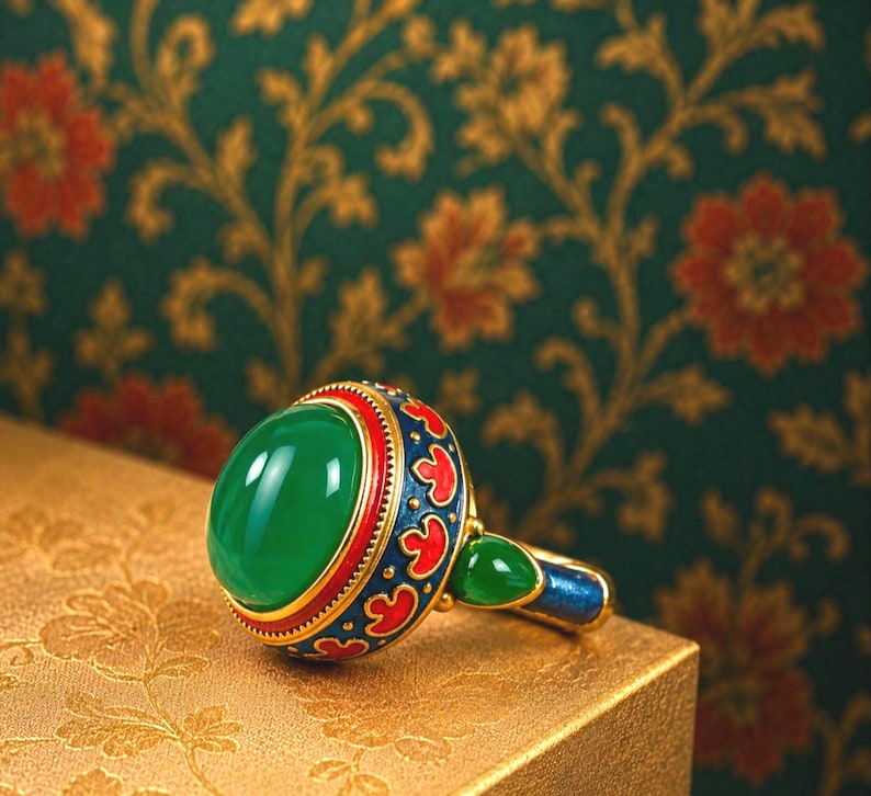 Vintage Cloisonné Adjustable Ring | Green Cabochon Statement | Gold ...