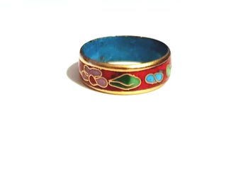 Vintage Cloisonne Ring, enameled, floral flower Cherry Blossom In Color Red