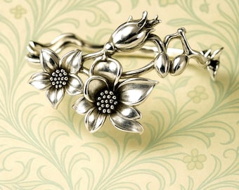 Art Nouveau bracelet, sculptural bracelet, silver Floral Magnolia, wedding jewelry romantic style