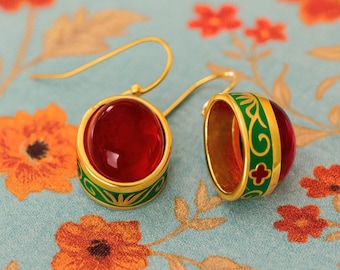 Earrings Golden plated enameled, vintage design Red Gem, Coloured enameled ethnic antique egyptian style.  FREE shipping Europe
