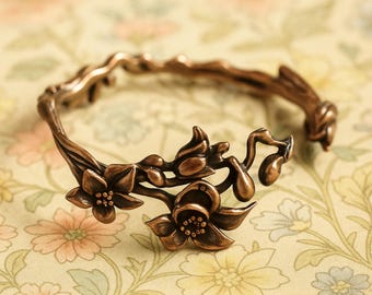 Art Nouveau Magnolia Bracelet: Silver & Brass Floral Wedding Jewelry