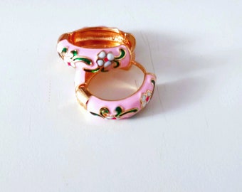 Cloisonne hoop Earrings, enamel earrings in Pink, rose color, Cloisonne earrings, floral gold plated