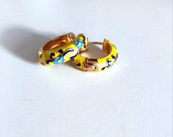 Cloisonne hoop Earrings, enamel earrings in Yellow color, Cloisonne earrings, floral gold plated