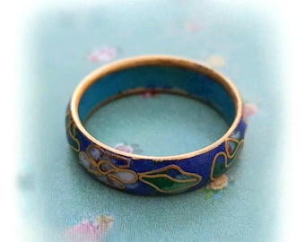 Vintage Cloisonne Ring, enameled, floral flower Cherry Blossom, in Cobalt Blue Gift Design Art Nouveau Size 8