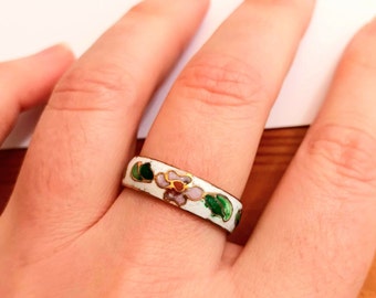 Vintage Cloisonne Ring, enameled, floral flower Cherry Blossom,  Size 10