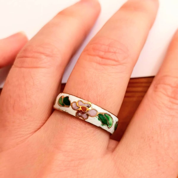 Bague cloisonnée vintage, émaillée, fleur florale, fleur de cerisier, taille 10