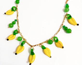 Vintage Murano Glass charms fruits, Banaa fruits Necklace. Gold plated chain