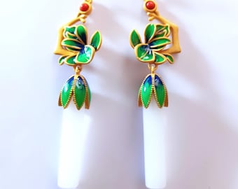 Oriental, Japanese design earrings with enameled flowers and large gems, white quartz. gold-plated clasps Bohemian style