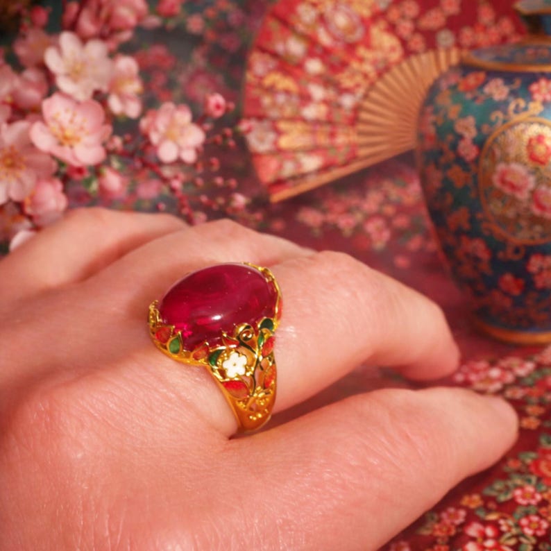 Rot & Grün Cloisonné Ring | Blumen Emaille Statement Ring | Jugendstil Schmuck Bild 2
