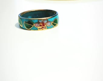 Vintage Cloisonne Ring, enameled, floral flower Cherry Blossom In Color Turquoise Blue Design Art Nouveau Size 7