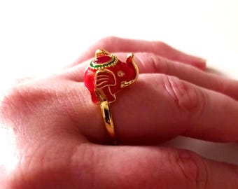 Elephant ring, Oriental lucky elephant Cloisonne Golden plated Red Ring Gem, Vintage design Multi Coloured enameled ethnic egyptian style
