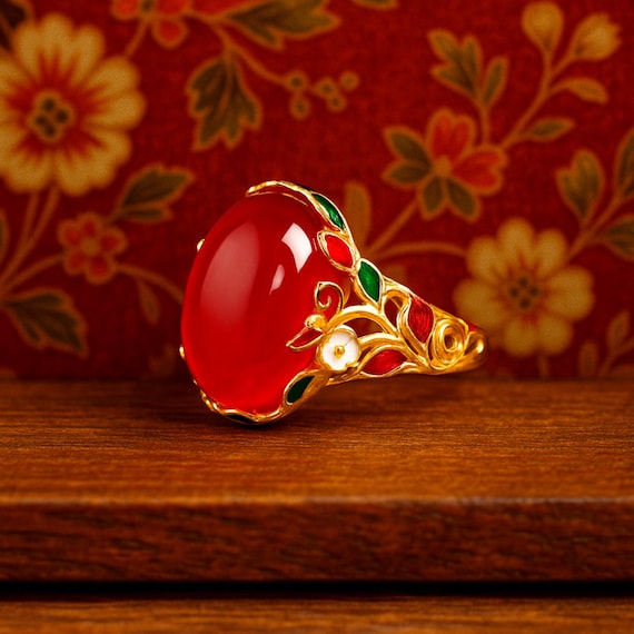 Red & Green Cloisonné Ring | Floral Enamel Statement Ring | Art Nouveau Jewelry