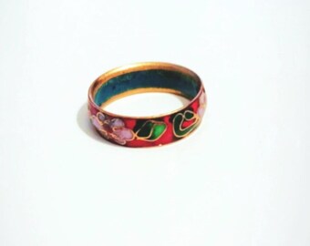 Vintage Cloisonne Ring, enameled, floral flower Cherry Blossom In Color Red Design Art Nouveau Size 7