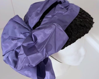 Vintage hat, women's headdress from the 50s-60s, made of black woven straw, handmade raffia with lavander,  bow