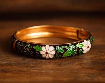 Cloisonne Vintage Bangle Enamel bracelet, Floral Design Black, bohemian style