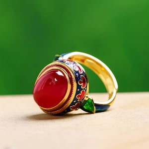 Peut inclure: Une bague en or avec une grosse pierre rouge ovale. Le corps de la bague est en or, et le sertissage autour de la pierre est décoré d'émail bleu, rouge et vert. La bague est posée sur un fond vert flou.
