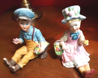 Vintage 1960s Porcelain Figurines · Boy & Girl with Flowers · Hand-Painted · Naïf European Decor · Pair
