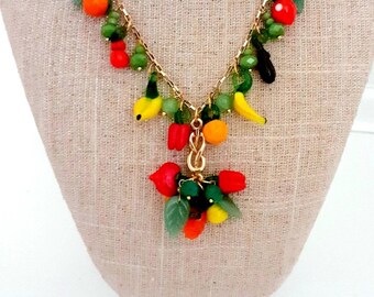 Vintage Murano Glass Fruit Pendants Necklace. Gold plated chain Victorian necklace