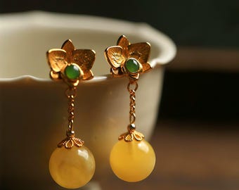 Earrings Chandelier floral, Art Nouveau design with Mustard Gem vintage design, gold plated, romantic and Bohemian style