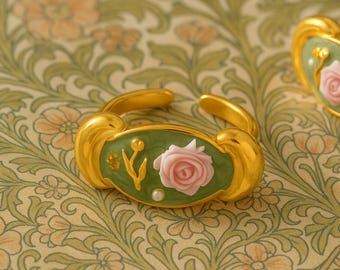 Art Nouveau style Ring, Golden plated romantic rose, pearl, floral design. Adjustable