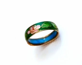 Vintage Cloisonne Ring, enameled, floral flower Cherry Blossom, Green Gift