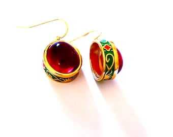 Earrings Golden plated enameled, vintage design Red Gem, Coloured enameled ethnic antique egyptian style