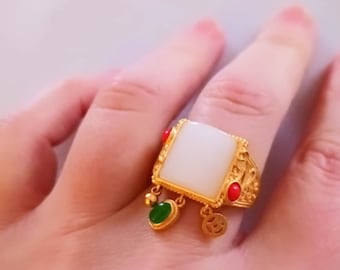 Ethnic Ring, enameled ring and Natural White gem Handmade, Vintage oriental design