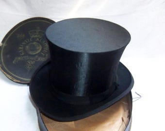 Chistera, sombrero de copa seda, plegable antiguo, Calidad de lujo Alemania en sombrerera  Talla M
