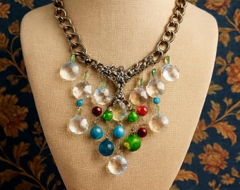 Chandelier necklace with glass drops from antique italian lamps, handmade with an Art Nouveau design centerpiece Statement repurposed