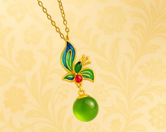 Cloisonné Butterfly Pendant, Gold Plated Necklace, Green, Multicolored Enamel, Bohemian Design