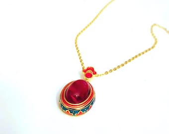Vintage Style Cloisonné Necklace with Gold-Plated Chain. Red Floral Enamel Pendant Bohemian Egyptian Jewellery