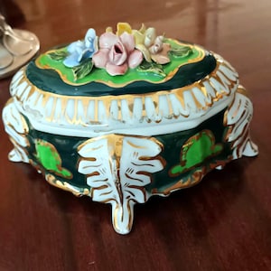 Antique Beautiful Jewelry porcelain box, romantic scene, flowers, Victorian porcelain design Box,