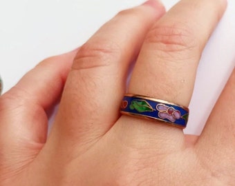 Vintage Cloisonne Ring, enameled, floral flower Cherry Blossom, in Cobalt Blue Size 8