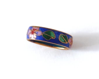 Vintage Cloisonne Ring, enameled, floral flower Cherry Blossom, in Cobalt Blue Gift Design Art Nouveau Size 8