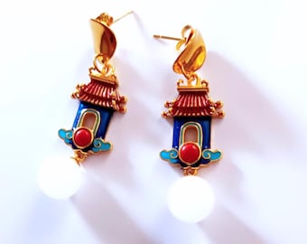 Oriental, Japanese design earrings with pagodas, enameled Japanese houses and gems, white quartz. gold-plated clasps.