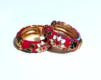 Cloisonne hoop Earrings, enamel earrings in Red color, Cloisonne earrings, floral gold plated