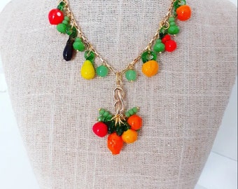 Vintage Murano Glass Fruit charms, Tutti Frutti glass beads, Carmen Miranda Necklace. Gold plated chain