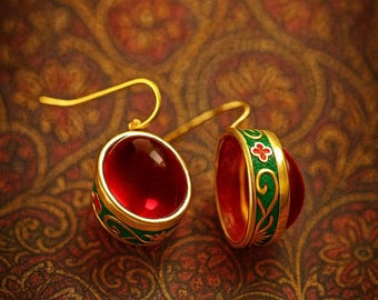 Earrings Golden plated enameled, vintage design Red Gem, Coloured enameled ethnic antique egyptian style