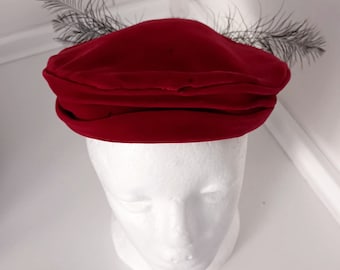 Vintage half hat, Vintage tilt Velvet women hat, velvet red, garnet hat and black feathers haute couture from Spain 1940 design