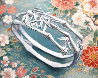 Bamboo Cuff Bracelet • Art Nouveau Silver Plated Bracelet • Botanical Adjustable Bangle • Elegant Gift for Her