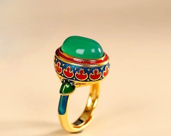 Cloisonne Golden plated Ring Green Gem, Vintage design Multi Coloured enameled ethnic antique design egyptian style ring