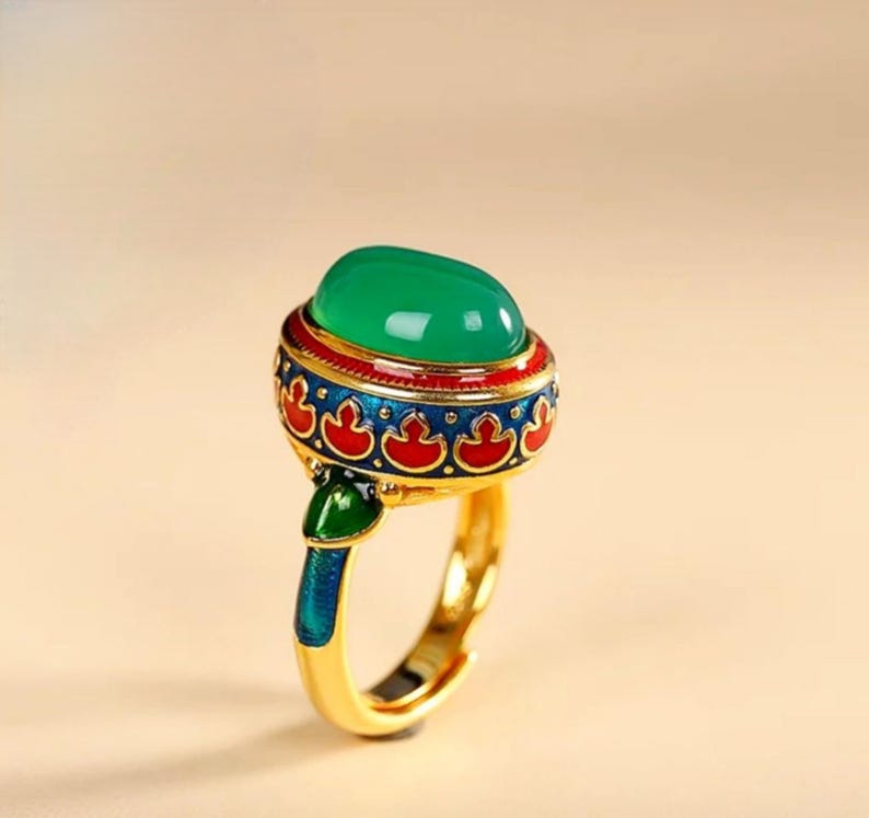 Vintage Cloisonné Adjustable Ring | Green Cabochon Statement | Gold ...