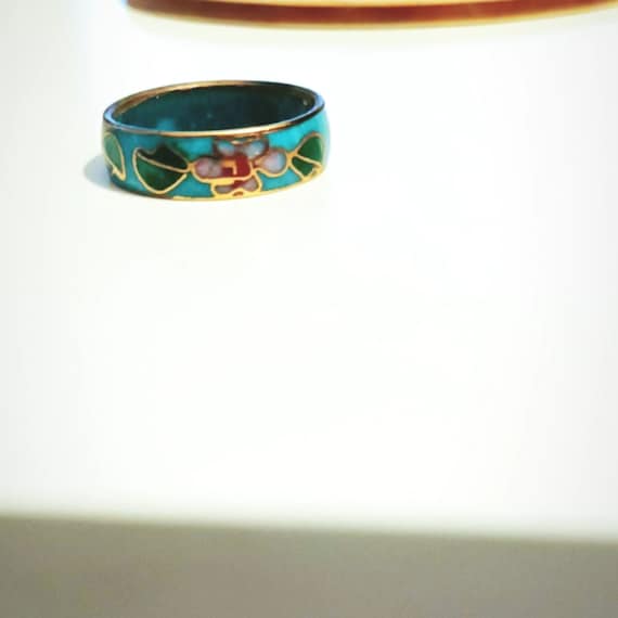 Vintage Cloisonne Ring, enameled, floral flower C… - image 3