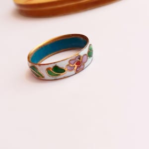 Vintage Cloisonné Enamel Ring 1970s Enamel band ring White Color